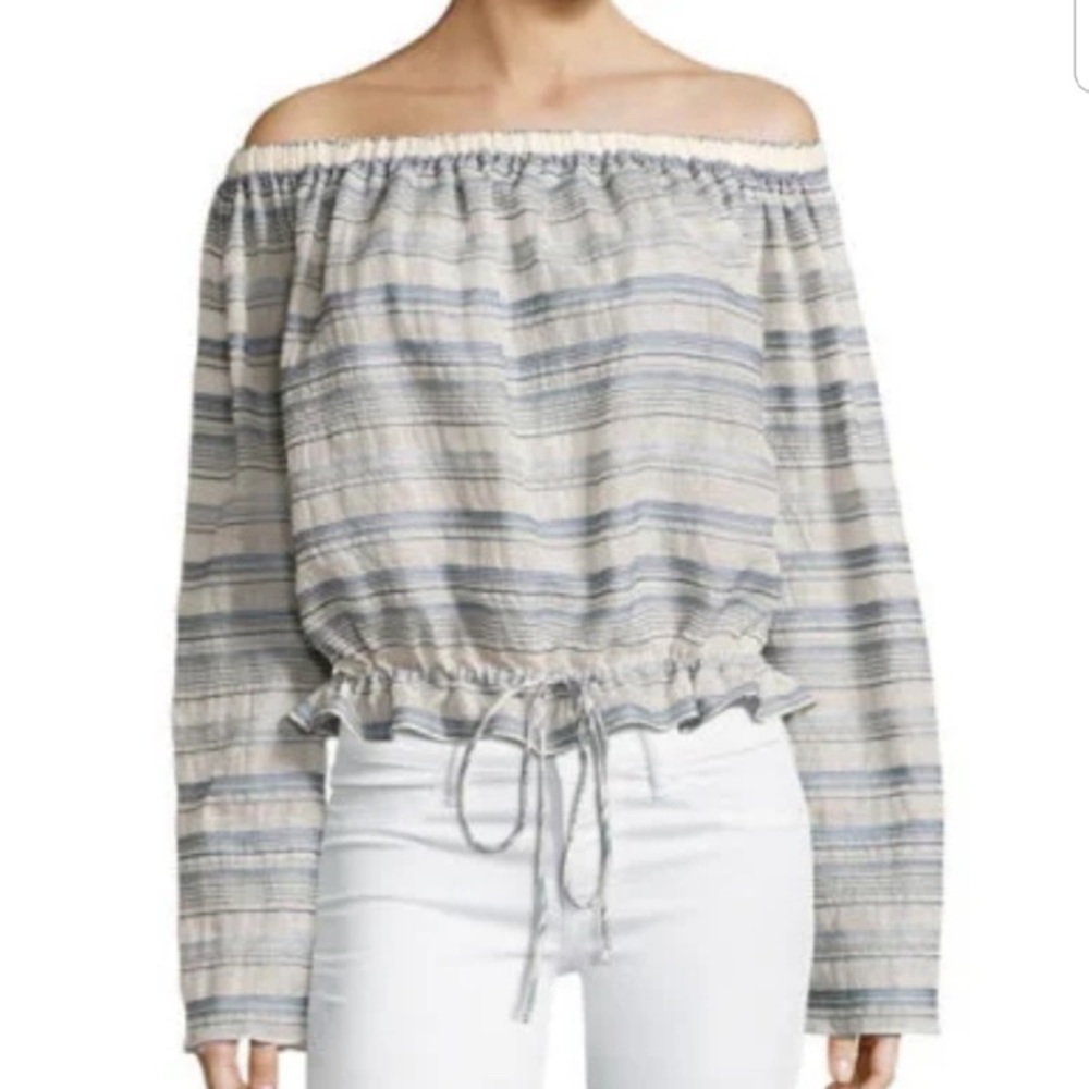 Theory off the shoulder drawstring top in off white w blue stripes, size S EUC